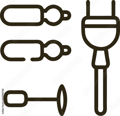 Simple Electrical Plug and Key Icons, Line Art Style, Minimalist Design Elements, Vector Illustration