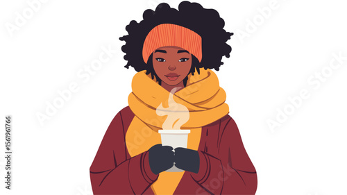 Black Woman Enjoying Hot Drink Outdoors in Cold Weather