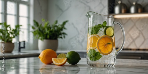 Clear glass pitcher of citrus-infused water with lemon, lime, orange slices, and mint sprigs, condensation on glass.