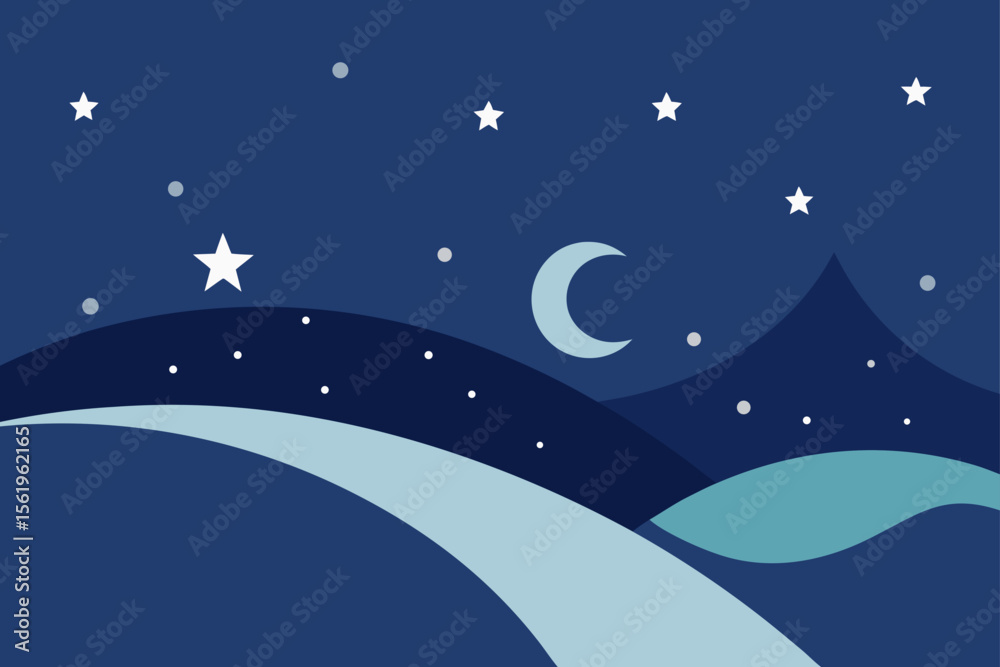 Naklejka premium Serene Night Sky Starry Landscape with Crescent Moon and Gentle Hills