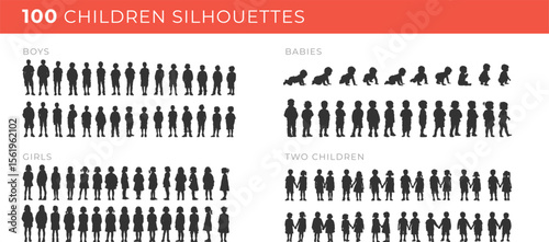 Set silhouettes of children isolated on transparent background. Boys, girls, babies. Vector illustration