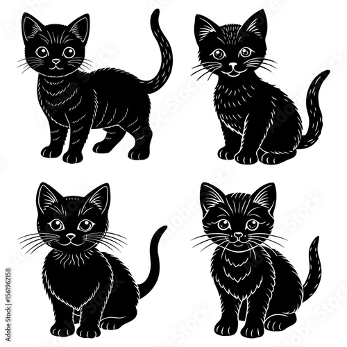 Four black kittens in various poses with white outlines on a white background illustration art