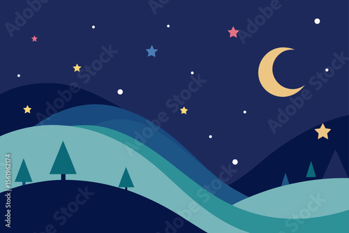 Serene Night Landscape Moonlit Hills, Stars, and Peaceful Trees