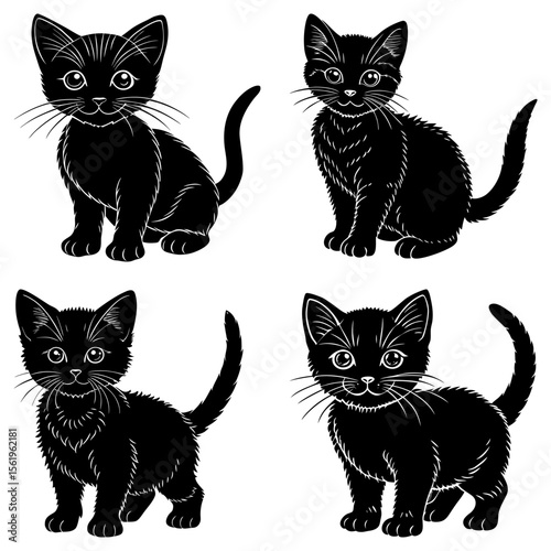 Four black kitten illustrations in various poses against a white background artfully arranged