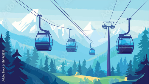 Scenic Cable Cars Cabins Hanging on Ropes Cableway View Nature Landscape