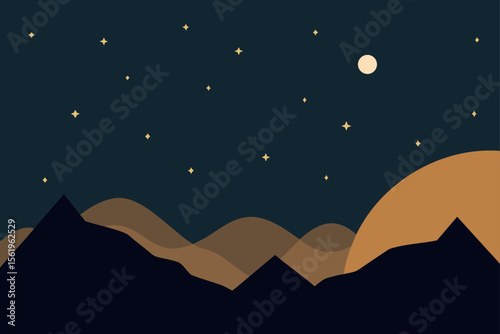 Serene Night Landscape Mountains, Moon, and Stars Minimalist Art