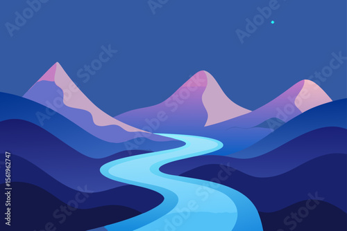 Serene Night Landscape Mountains and Winding River Illustration