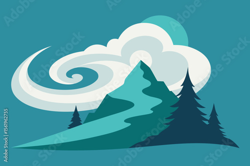 Serene Mountain Landscape Clouds, Peaks, and Evergreen Trees