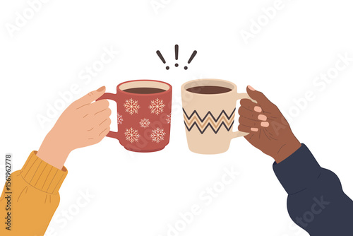 Minimalist Illustration Two Hands Sharing Warm Drinks, Friendship Concept