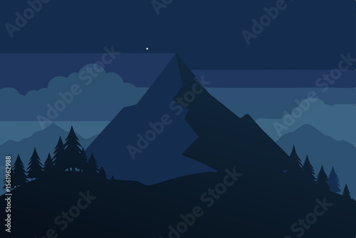 Majestic Mountain Peak at Night A Dark Blue Minimalist Landscape Illustration