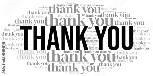 Word cloud illustration featuring the phrase “Thank You” prominently in the center, surrounded by many variations of “thank you” repeated in different sizes and orientations. A modern, positive design