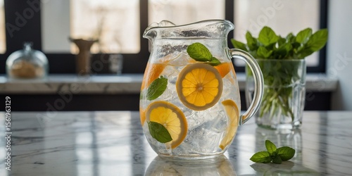 Clear glass pitcher of citrus-infused water with lemon, lime, orange slices, and mint sprigs, condensation on glass.