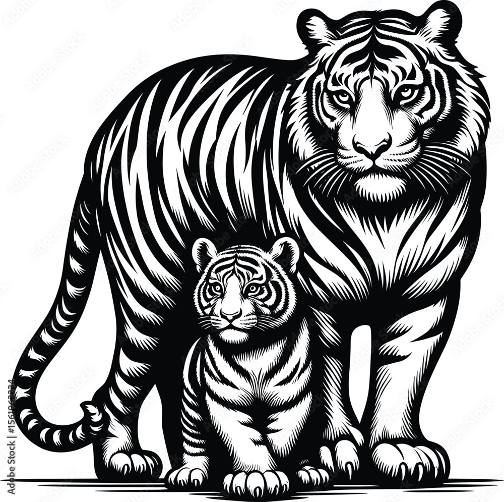 Fototapeta premium Protective Tigress and Cub silhouette vector illustration isolated on a white background 