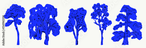 Hand drawn shape of spruce, birch, pine, willow tree simple figure. Blue sketch trees silhouette. Vector graphic illustration.