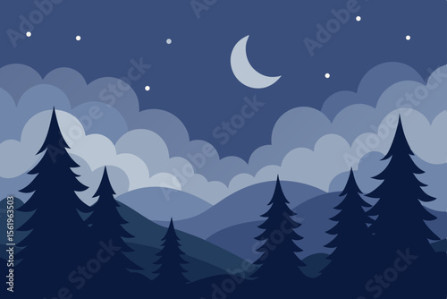 Serene Night Starry Sky, Majestic Mountains, and Silhouetted Trees
