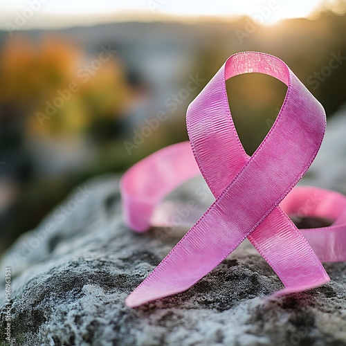 Pink ribbon on a rock, symbol of breast cancer awareness