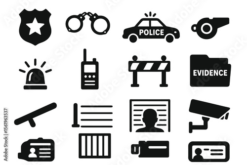Black set of 12 police icons. Minimal vector for safety, patrol, and justice design.