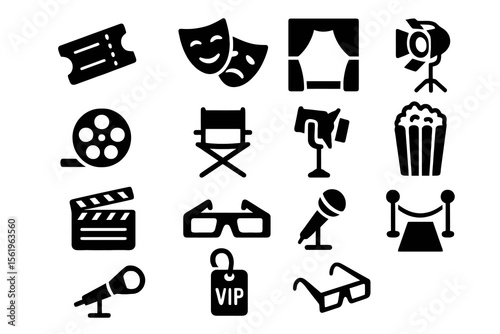 Black set of 12 showbiz icons. Minimal vector for theater, cinema, and cultural events.