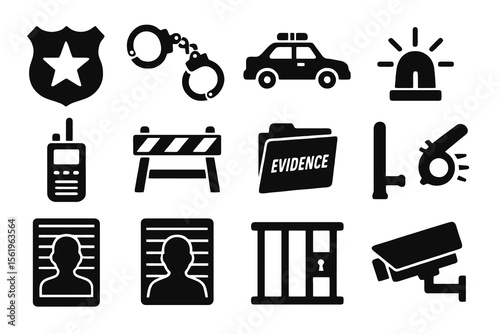 12 black law enforcement icons. Solid vector for policing, security, and crime themes.