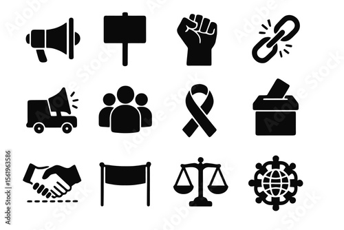 12 black activism icons. Solid vector for protest, awareness, and social causes.