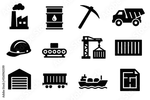12 black industrial icons. Solid vector for manufacturing, resources, and logistics.