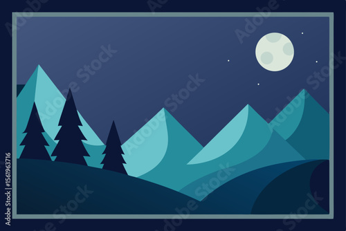 Serene Night Mountains under a Full Moon, Peaceful Landscape Illustration