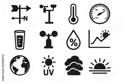 12 black meteorology icons. Solid vector for weather, climate, and forecasting.