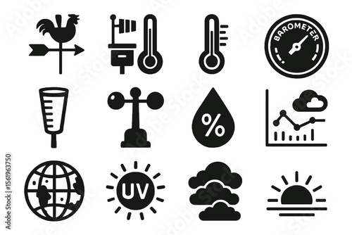 Black set of 12 climate icons. Minimal vector for environmental study and data.