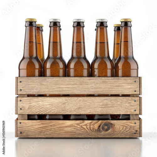 Six amber beer bottles in wooden crate isolated on white background