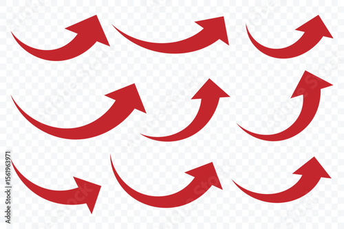 Long curved arrow vector. Red arrow curve direction vector. Hand drawn arrow collection. Bold arrow symbol curved flat design isolated. Modern simple arrow. Vector illustration 