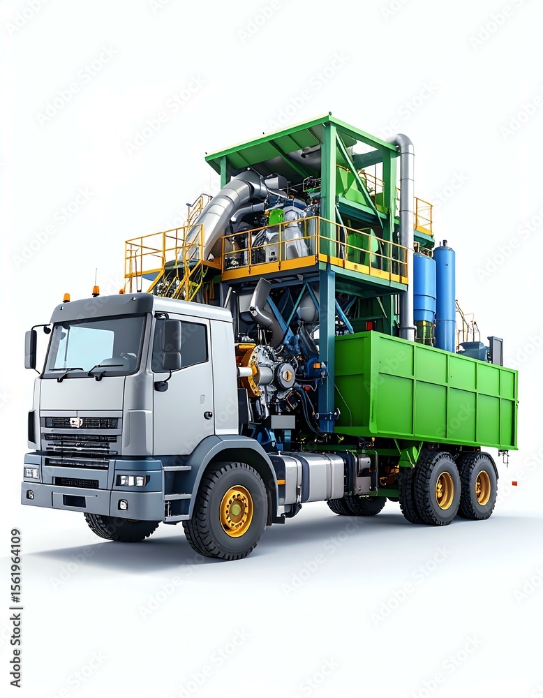 Fototapeta premium Industrial Truck with Complex Machinery and Green Container on White Background