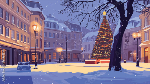 Festive Christmas Tree on City Square Panorama with Decorations