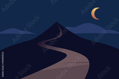 Night Journey Winding Road to the Mountain Peak Under a Crescent Moon