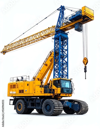 Powerful Yellow and Blue Mobile Crane on White Background