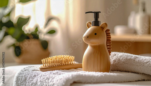 A child’s liquid soap bottle in fun animal shape, placed on a soft towel with foam and baby hairbrush nearby, gentle lighting and warm background