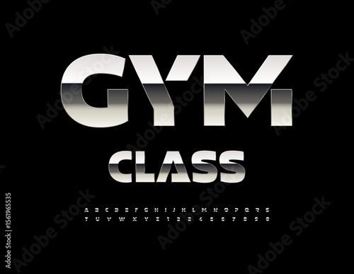 Vector Metallic logo Gym Class. Futuristic Silver Font. Trendy Steel Alphabet Letters and Numbers set