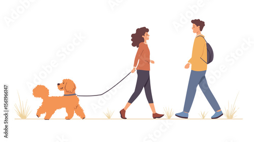 Elegant Couple Walking Poodle on Leash Together Outdoors