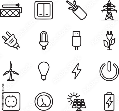 Electricity and Energy Line Icons – Bulbs, Battery, Plugs, Solar, and Power Source Vector Set,electricity icons, energy, bulbs, battery, plug, solar, power source, electrical, voltage, renewable