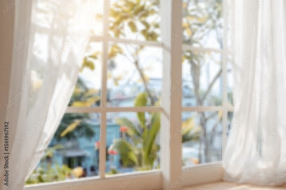 Fototapeta premium Defocused window background with white curtains in morning time.