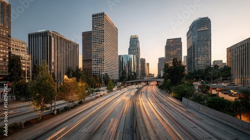 Los Angeles Skyline with Highway Traffic at Sunset
