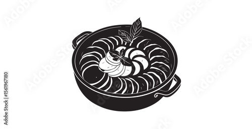 Delicious ratatouille dish with sliced vegetables in a black pan silhouette