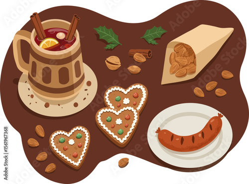 Traditional German Christmas Market food: Glühwein, Lebkuchen, and Bratwurst.
