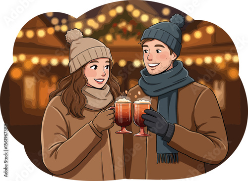 Happy couple drinking Glühwein at a cozy German Christmas Market.