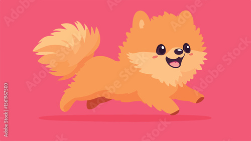 Playful Small Puppy Running in Funny Fluffy Pom Dog Illustration