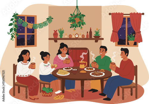 Family and neighbors gathering to share food after a Las Posadas procession.