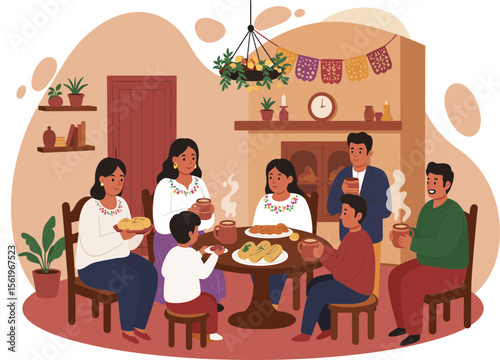 Family and neighbors gathering to share food after a Las Posadas procession.
