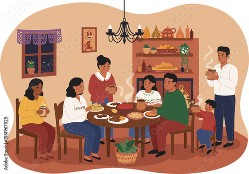 Family and neighbors gathering to share food after a Las Posadas procession.