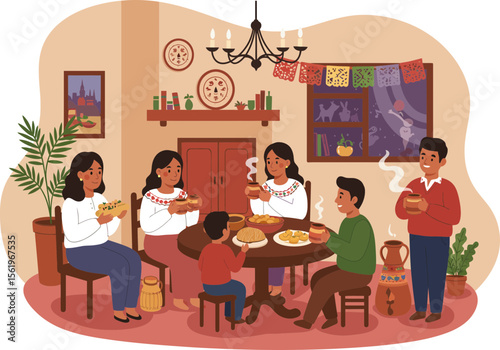 Family and neighbors gathering to share food after a Las Posadas procession.