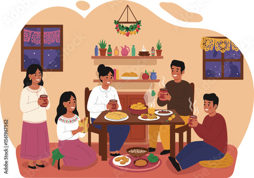 Family and neighbors gathering to share food after a Las Posadas procession.