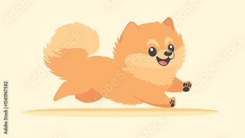 Adorable Pom Puppy Running Playfully in Funny Pose, Fluffy Dog Illustration
